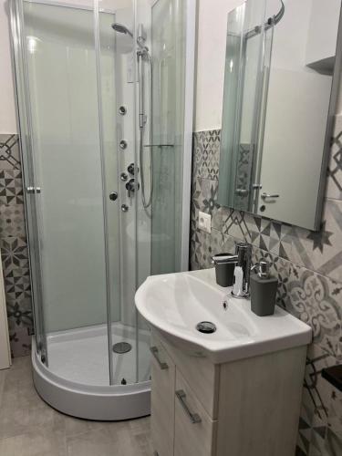 a bathroom with a shower and a white sink at Civico 9 in Bonorva