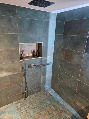 a bathroom with a shower with tiled walls at L'Orée du Bois - Hôtel & Spa in Montagudet
