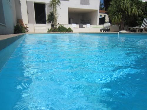 une piscine avec de l'eau bleue devant une maison dans l'établissement La Fille du Berger, à Puissalicon