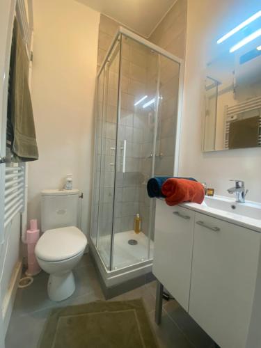 ein Badezimmer mit Dusche, Toilette und Waschbecken in der Unterkunft Appartement près Paris & Disney in Le Perreux-sur-Marne