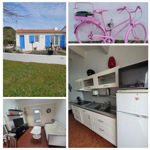 un vélo rose dans une cuisine et une maison dans l'établissement Dolce Vita, à Notre-Dame-de-Monts