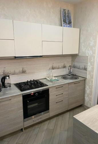 una cocina con estufa y fregadero en sweet home, en Tiflis