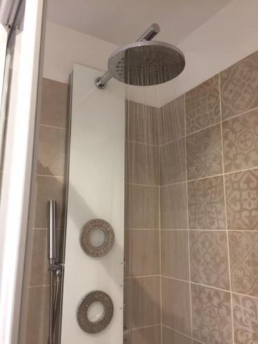 une douche avec pommeau de douche dans une salle de bain dans l'établissement Gite Marisan 10 minutes du Futuroscope ,Aquascope et Salle de spectacle Arena, à Beaumont