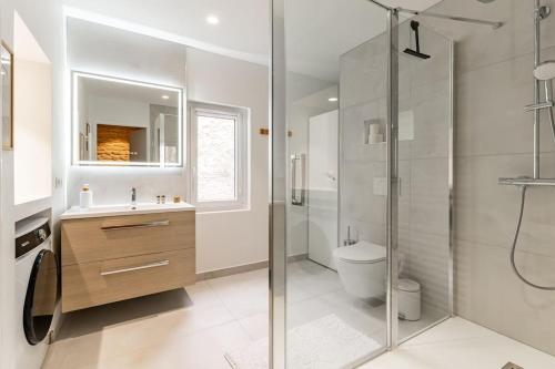 une salle de bains avec douche, toilettes et lavabo dans l'établissement Le Volnay, à Dijon