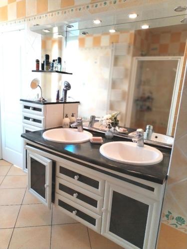 une salle de bain avec deux lavabos et un grand miroir dans l'établissement Location chambre spacieuse avec balcon et piscine, à Albi