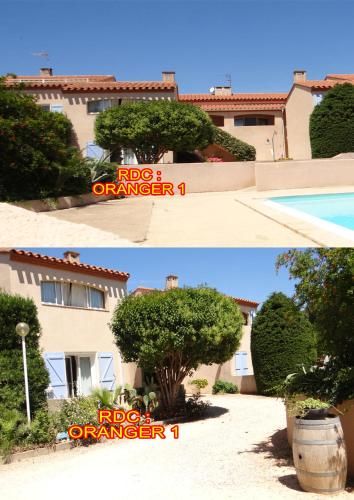 two pictures of a building with a tree in front at Résidence L'Orangeraie-2-Claira 66530 in Claira