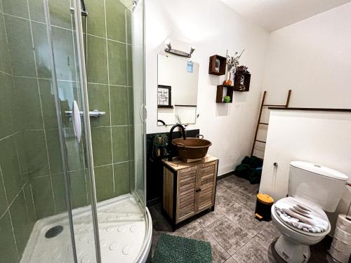 une salle de bain avec douche et toilettes dans l'établissement L'Akwaba Fécamp, à Fécamp