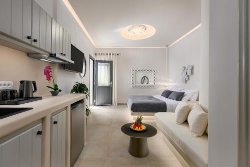 a kitchen and living room with a couch and a bed at Galaria Serenity Suites in Vóthon