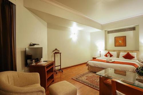 a hotel room with a bed and a television at Clarion Bella Casa at Airport in Jaipur