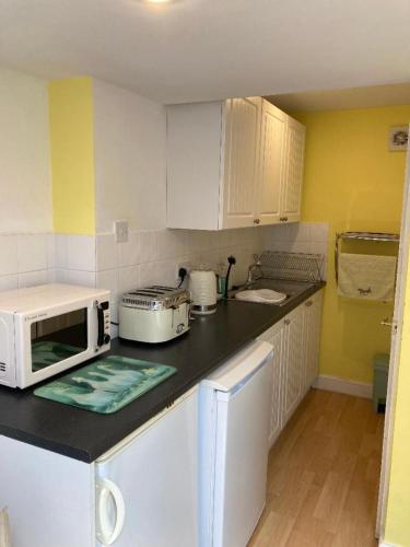 a kitchen with white cabinets and a microwave on a counter at Studio Annexe with separate shower room in Broadhempston