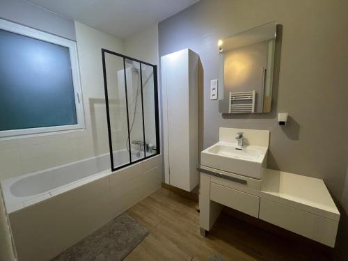 a bathroom with a sink and a tub and a mirror at Pied à terre au coeur des écuries in Paley