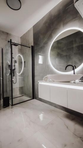 a bathroom with a shower and a sink and a mirror at Villa Eden Bihać in Bihać