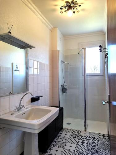 une salle de bain avec un lavabo et une douche dans l'établissement Chez pépé, à Clohars-Carnoët