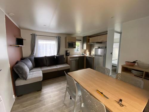 un salon avec un canapé et une table dans l'établissement Mobil-home, à Parentis-en-Born