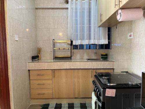 a kitchen with a stove and a counter top at The Esme near the Loft Thika Rd in Nairobi