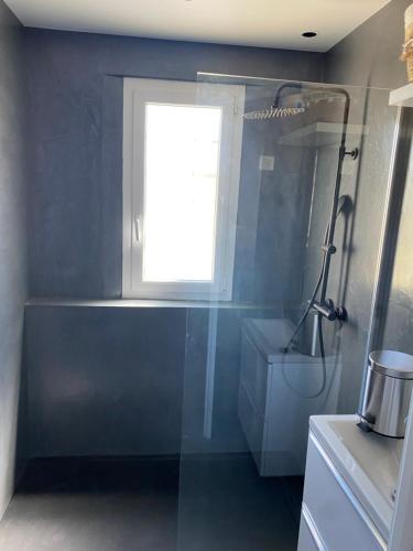 La salle de bains est pourvue d'une douche et d'une fenêtre. dans l'établissement Type t3 Lancon de Provence, à Lançon-Provence