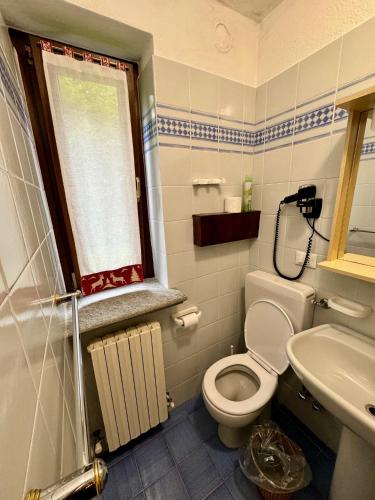 a bathroom with a toilet and a sink and a window at Hotel Edelweiss in Limone Piemonte
