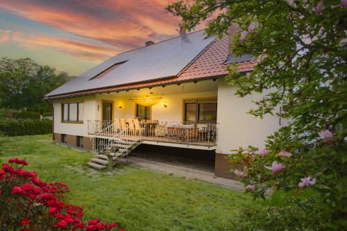 a house with a metal roof with a deck at Villa am Wehr in Allersberg