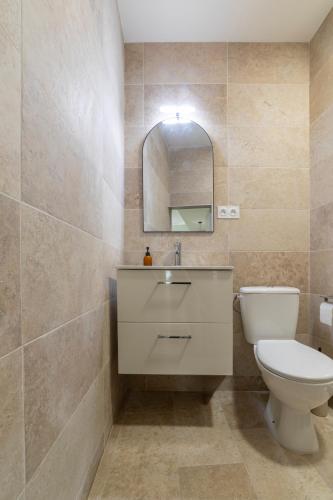 une salle de bain avec toilettes, lavabo et miroir dans l'établissement le Nîmois Appart Clim MaisonCarréeConciergerie, à Nîmes