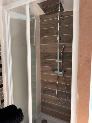 une douche avec un mur en bois dans une salle de bain dans l'établissement Maison de village Love Room, à Mauguio