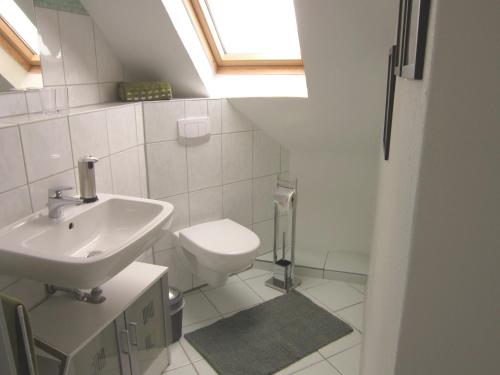 a bathroom with a sink and a toilet at Hildebrandts Ferienwohnung in Neu Darchau