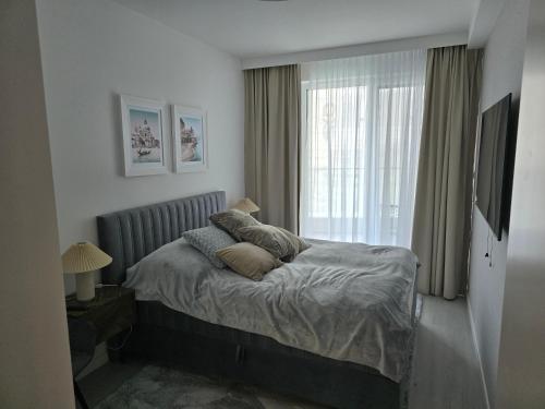 ロゴボにあるApartamenty Rogowo Pearlのベッドと窓のある寝室
