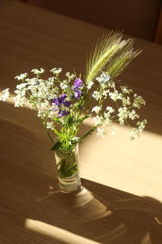 a vase filled with flowers sitting on a table at Logis Hotel Spa Restaurant Le Provence in Lanarce