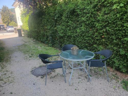 a glass table with four chairs and a basket on it at Stadtmitte mit Schlossblick in Sigmaringen