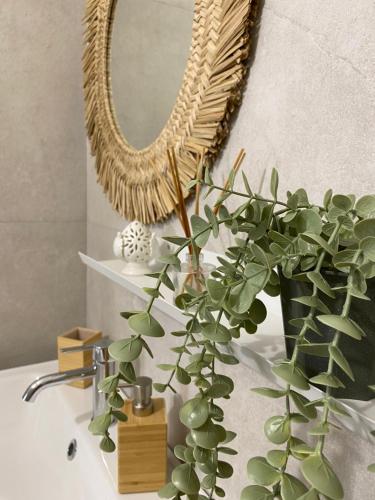 a bathroom with a mirror and a plant on a sink at Villa Serena in Monopoli