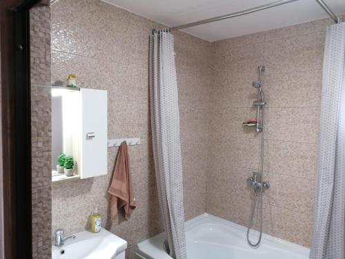 un bagno con doccia, WC e lavandino di La Ţară Casa Angelica a Mălîncrav