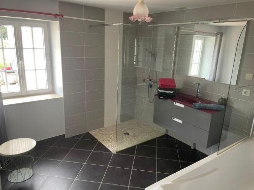 une salle de bain avec une douche, un lavabo et un miroir dans l'établissement Longère au cœur des Bertranges, à Saint-Aubin-les-Forges