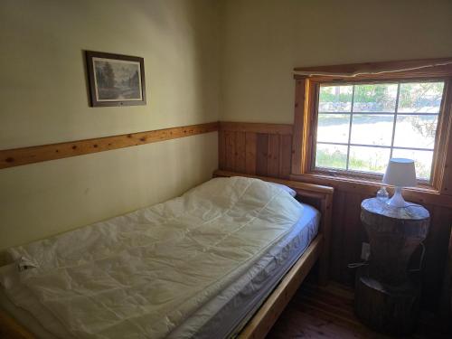 a small bedroom with a bed and a window at Rustic Beaverfoot Lodge Room N3 in Parson