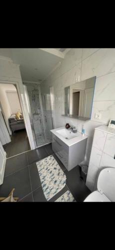 une salle de bain blanche avec un lavabo et une douche dans l'établissement Ayline, à Drancy
