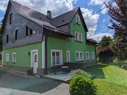 a green house with a black roof at Ferienwohnung grünes Haus Colditz in Colditz