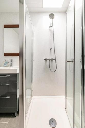 a bathroom with a shower and a sink at Luxury Victorian 5 bedroom apartment by Lady road apartments in Edinburgh