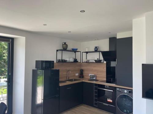 La cuisine est équipée d'un réfrigérateur noir et d'un lave-vaisselle. dans l'établissement Le petit jurassien 2, à Bellefontaine