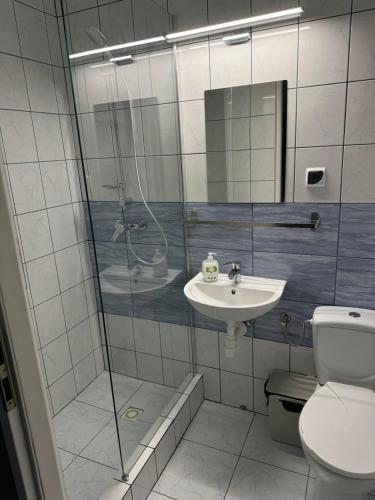 a bathroom with a shower and a toilet and a sink at Costa Mielno in Mielno