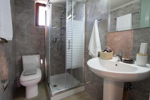 a bathroom with a toilet and a sink and a shower at Athina résidence in Nydri