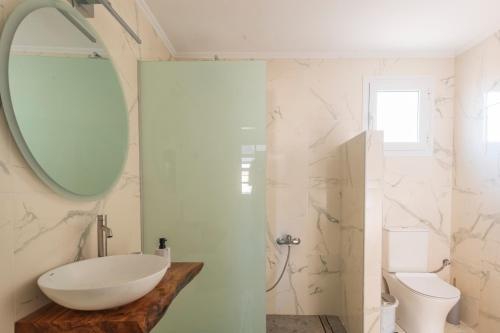 a bathroom with a sink and a toilet and a mirror at Country House Pidasos in Pídhasos