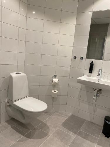 a white bathroom with a toilet and a sink at Badholmen Restaurang & Hotell in Oskarshamn