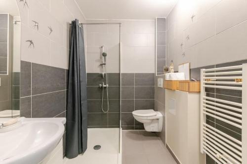 une salle de bain avec une douche, des toilettes et un lavabo dans l'établissement Logement prive et calme EUREXPO Groupama Stadium TRAM Parking Terasse, à Saint-Priest