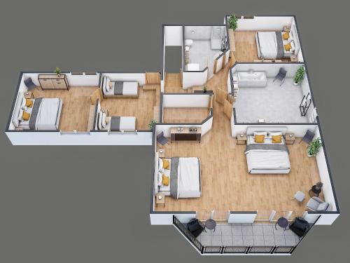 a rendering of a floor plan of a house at Spirit Apartments - The Penthouse - Lake View - Parking in Brienz