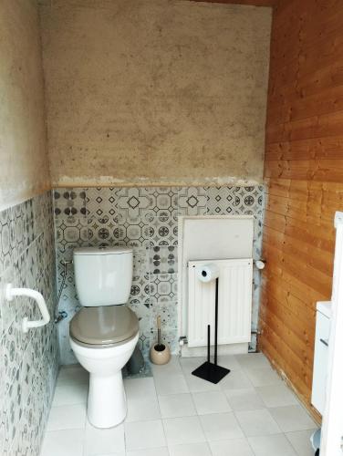 a bathroom with a toilet in a room at la carav'âne in Melay-sur-Loire