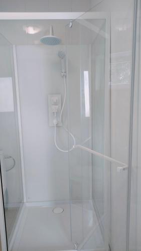 une douche avec une porte vitrée dans une salle de bain dans l'établissement Appartement meublé neuf, près de Paris et Beauvais, à Amblainville