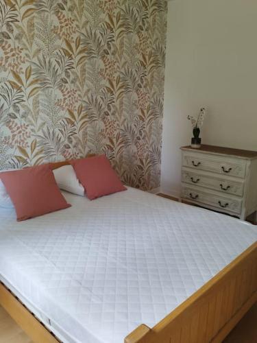 a bed with two red pillows and a dresser in a bedroom at Gîte le Vieux Moulin in Sansais