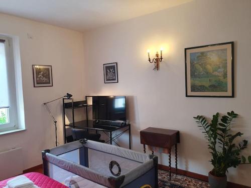 a living room with a couch and a television at Le fourneau des pianistes in Nilvange
