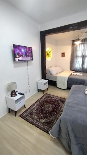 a bedroom with two beds and a flat screen tv at Suíte Master conforto e espaço vizinha do Palácio de Cristal! in Petrópolis