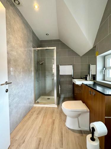 a bathroom with a shower and a toilet and a sink at Edinburgh full house in Edinburgh