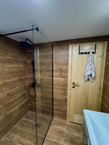 a shower with a glass door in a bathroom at Etno kuca Lana in Mojkovac