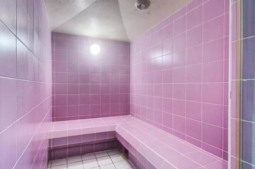 un bagno piastrellato viola con cabina doccia di Appartement 2 Pièces Duplex 7 Personnes Terrasse MAE-9221 a La Féclaz
